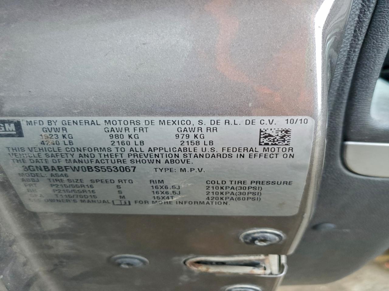 2011 Chevrolet Hhr Lt VIN: 3GNBABFW0BS553067 Lot: 94350975