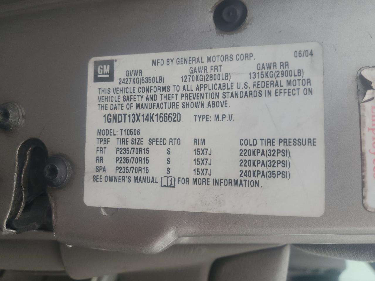 2004 Chevrolet Blazer VIN: 1GNDT13X14K166620 Lot: 93213255