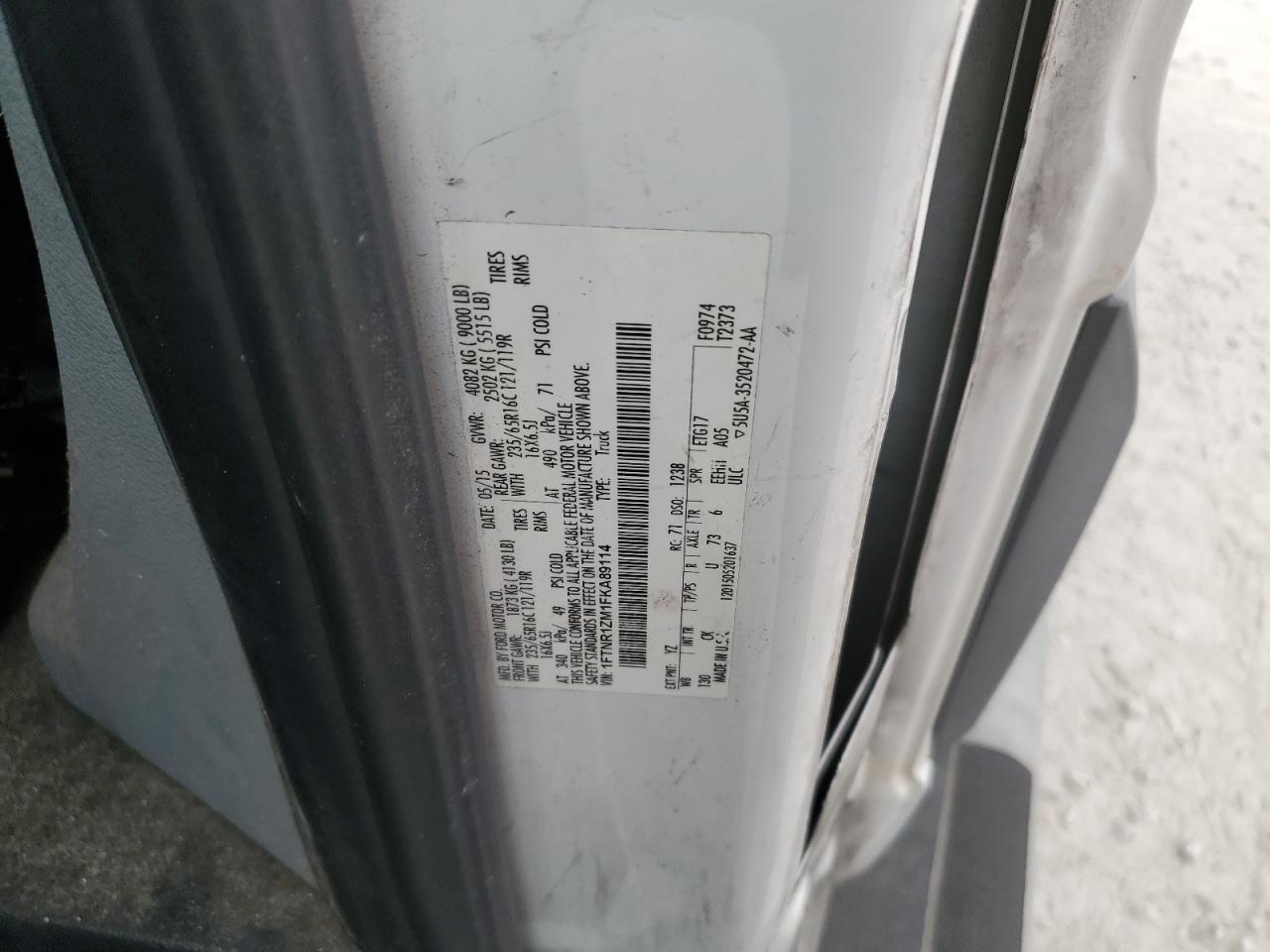 2015 Ford Transit T-250 VIN: 1FTNR1ZM1FKA89114 Lot: 92886165