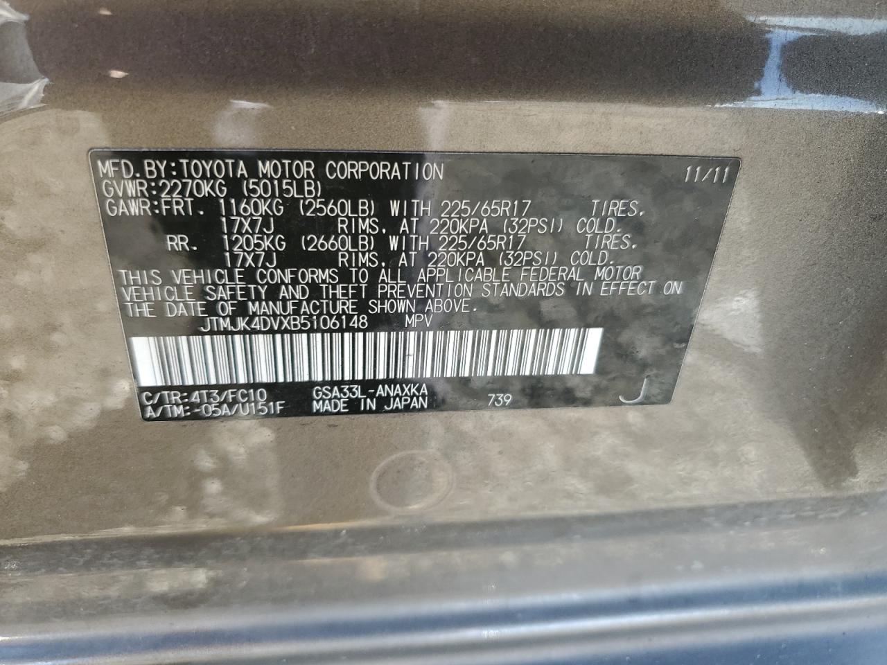 2011 Toyota Rav4 VIN: JTMJK4DVXB5106148 Lot: 93557815