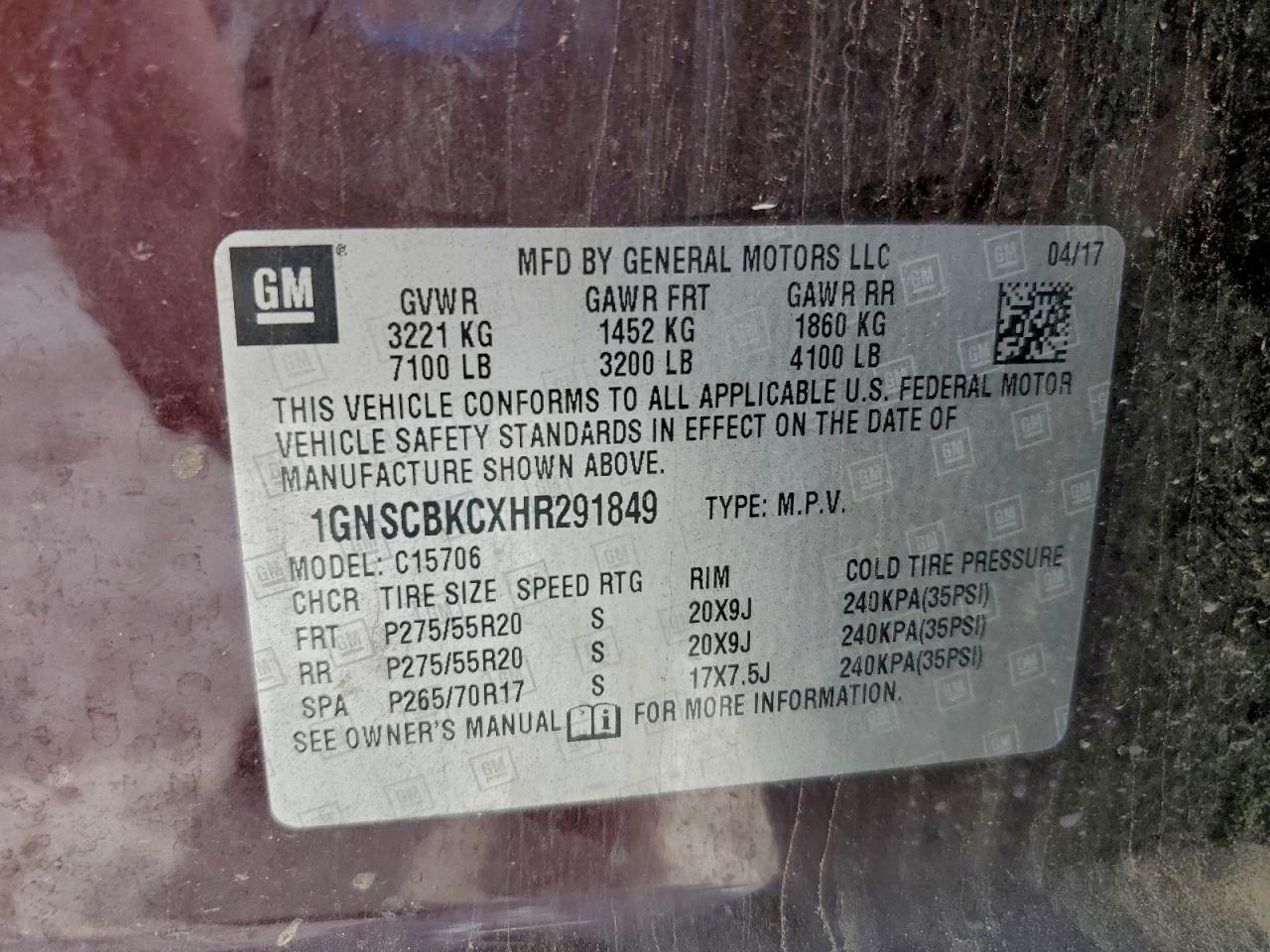 2017 Chevrolet Tahoe C1500 Lt VIN: 1GNSCBKCXHR291849 Lot: 93151595