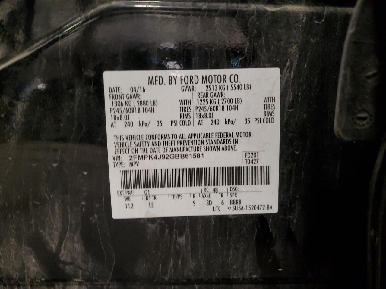 2016 Ford Edge Sel VIN: 2FMPK4J92GBB61581 Lot: 92253235