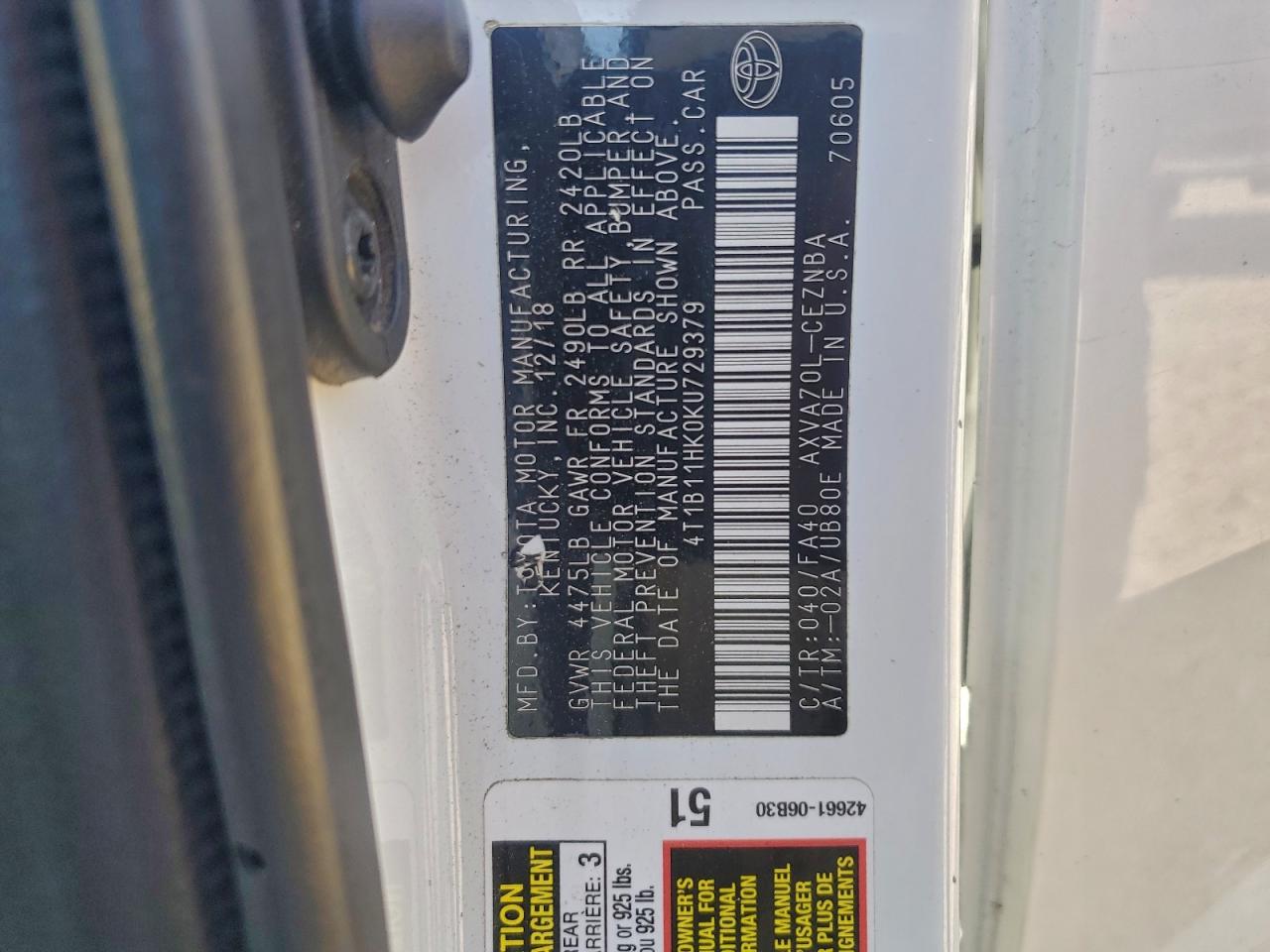 2019 Toyota Camry L VIN: 4T1B11HK0KU729379 Lot: 93696315