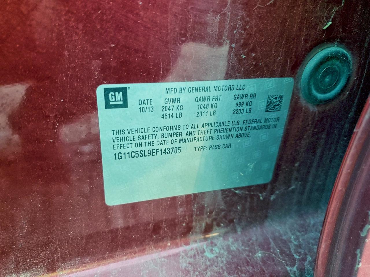 2014 Chevrolet Malibu 1Lt VIN: 1G11C5SL9EF143705 Lot: 92502015