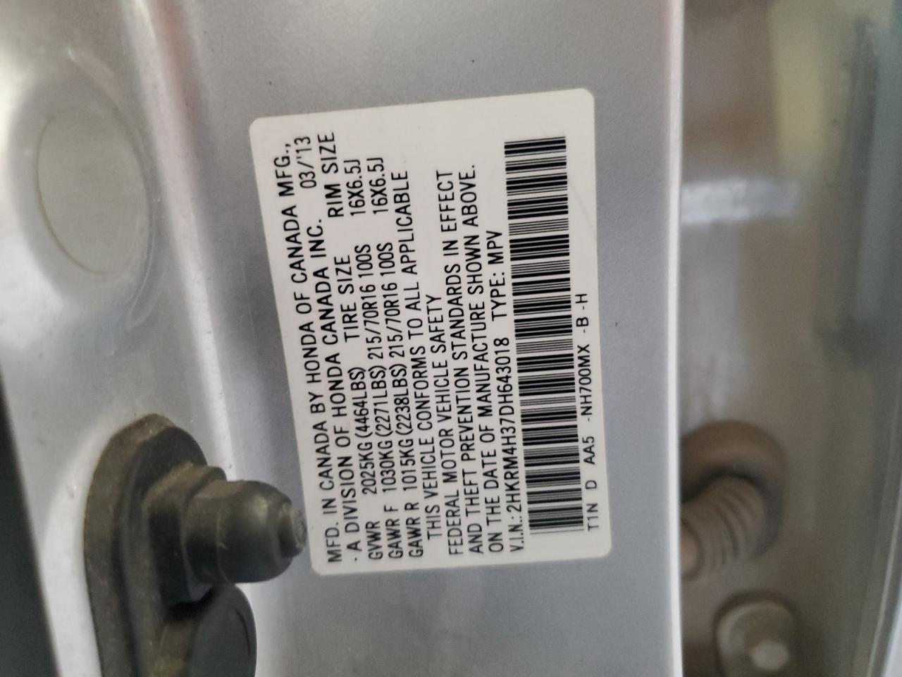 2013 Honda Cr-V Lx VIN: 2HKRM4H37DH643018 Lot: 90468025