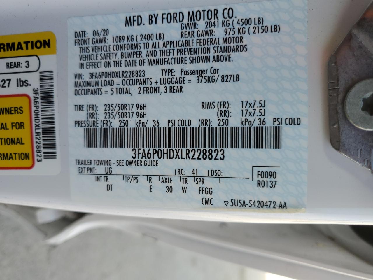 2020 Ford Fusion Se VIN: 3FA6P0HDXLR228823 Lot: 92721505