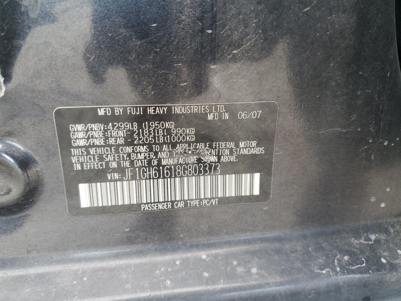 2008 Subaru Impreza 2.5I VIN: JF1GH61618G803373 Lot: 91588385