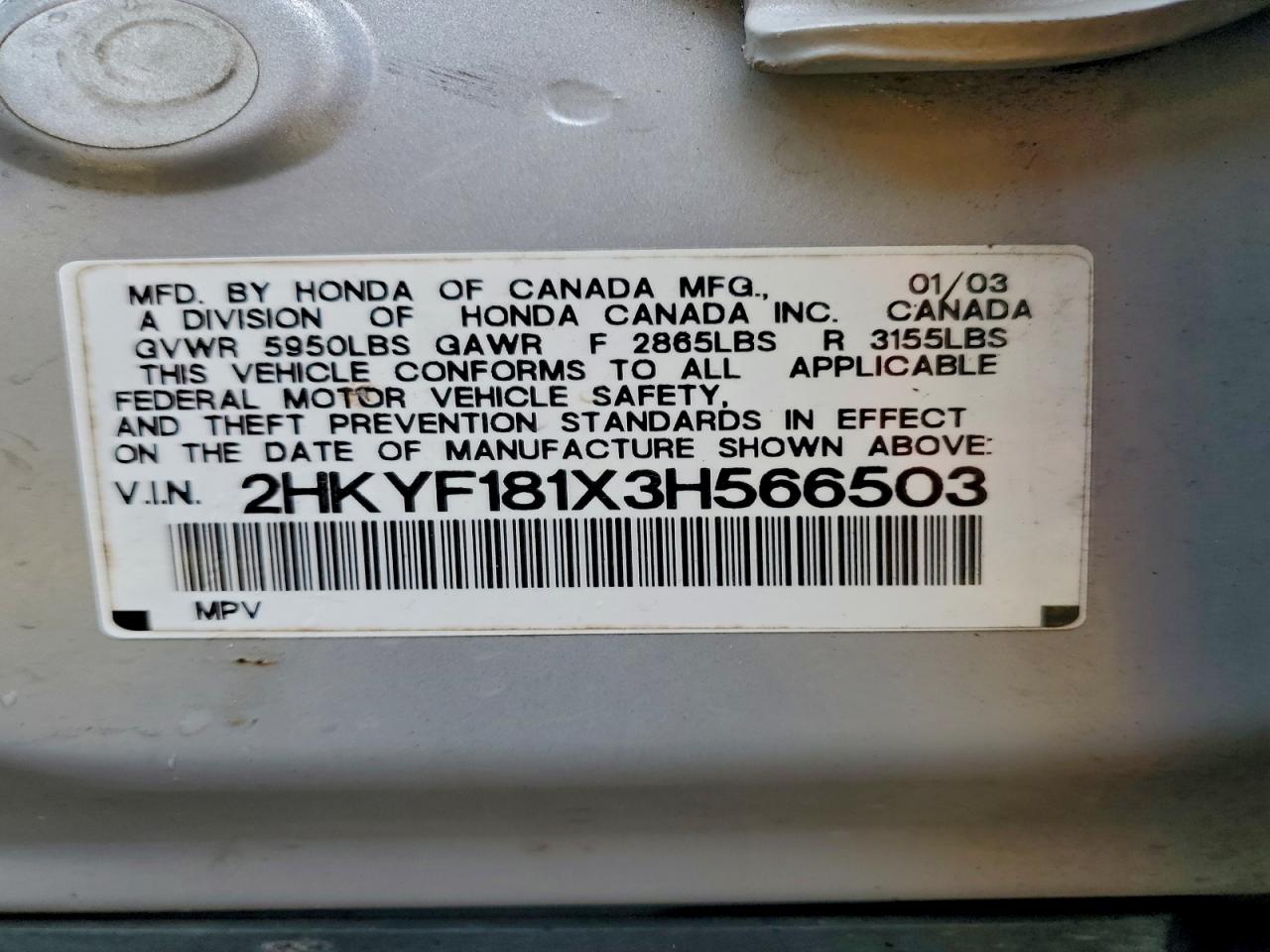 2003 Honda Pilot Lx VIN: 2HKYF181X3H566503 Lot: 93707795