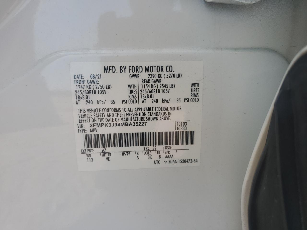 2021 Ford Edge Sel VIN: 2FMPK3J94MBA35227 Lot: 91911495