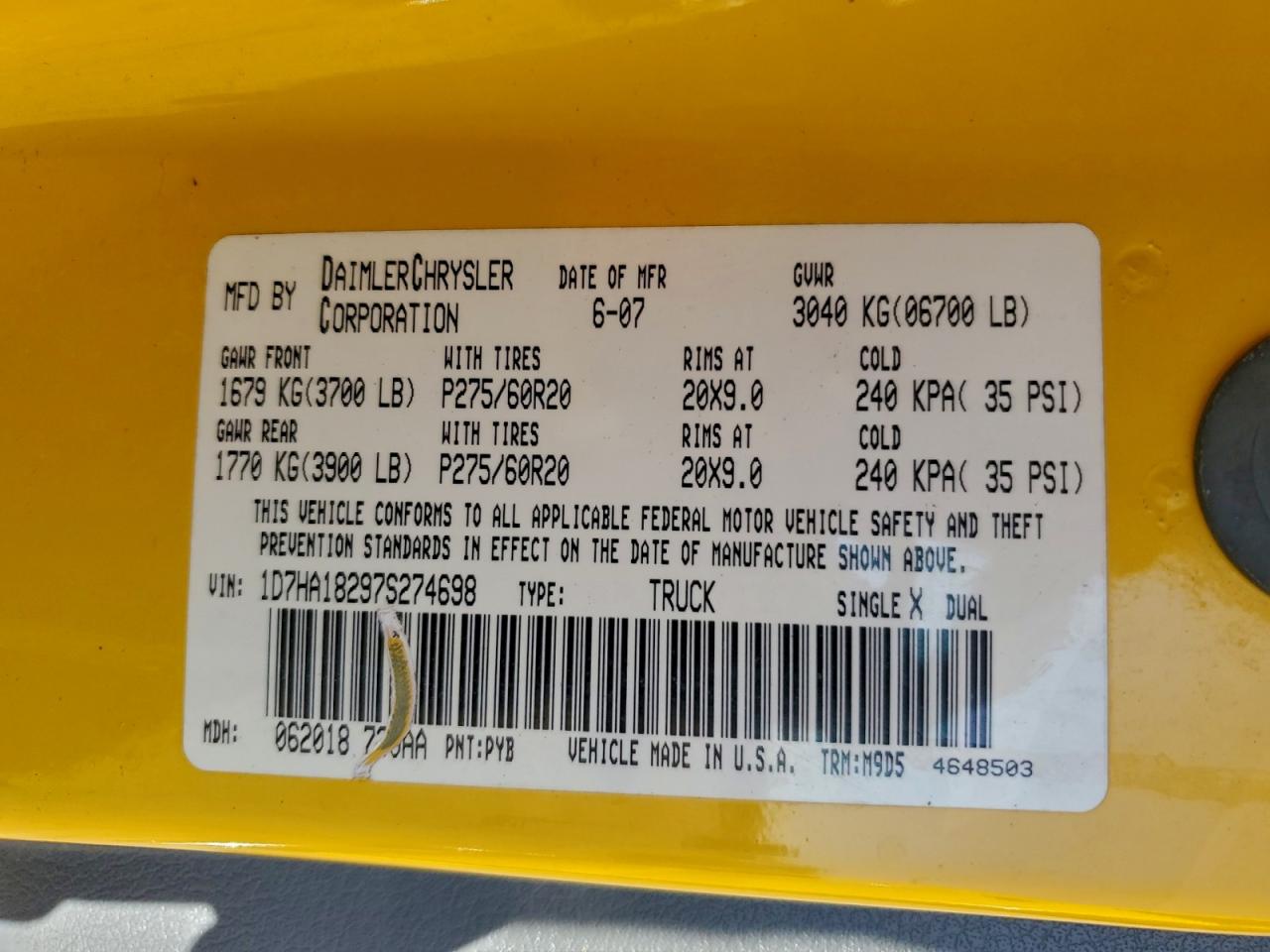 2007 Dodge Ram 1500 St VIN: 1D7HA18297S274698 Lot: 94508365