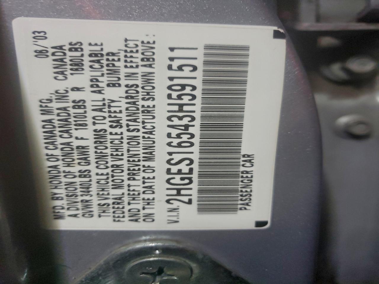 2003 Honda Civic Lx VIN: 2HGES16543H591511 Lot: 94384545