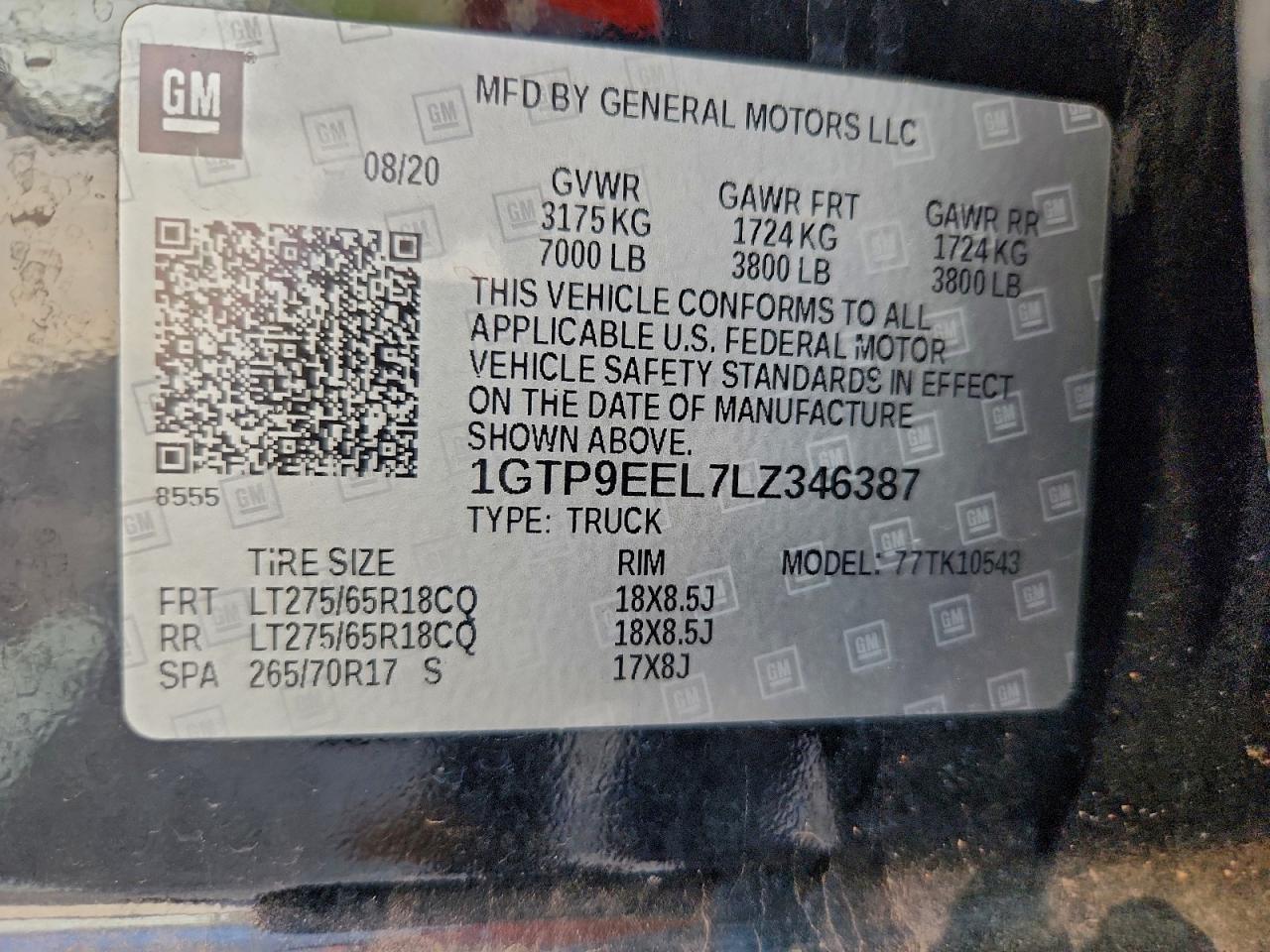 2020 GMC Sierra K1500 At4 VIN: 1GTP9EEL7LZ346387 Lot: 93343435