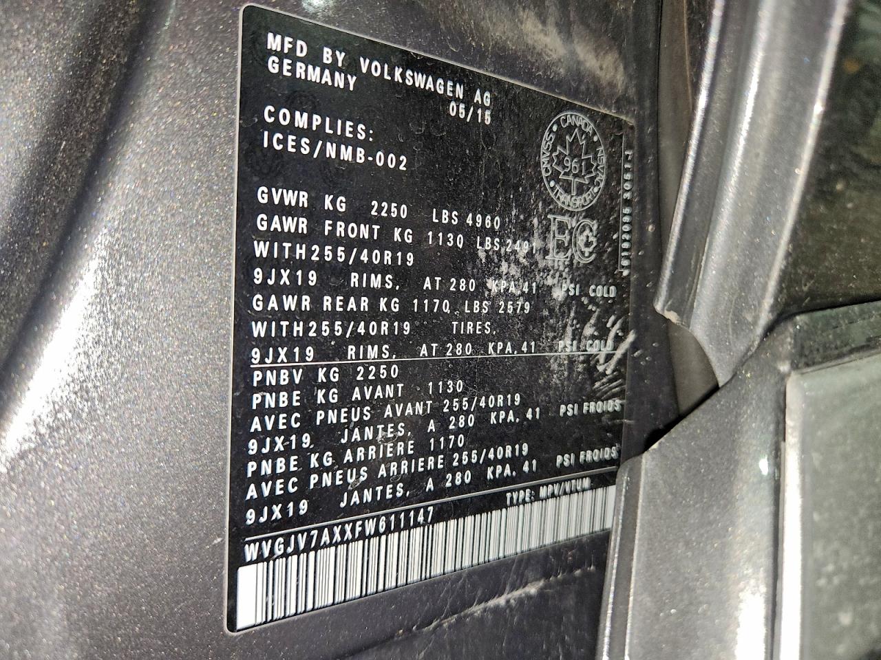 2015 Volkswagen Tiguan S VIN: WVGJV7AXXFW611147 Lot: 95073865