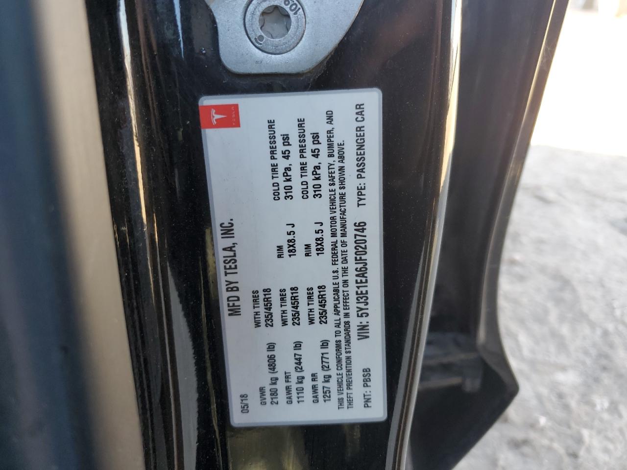 2018 Tesla Model 3 VIN: 5YJ3E1EA6JF020746 Lot: 93080775