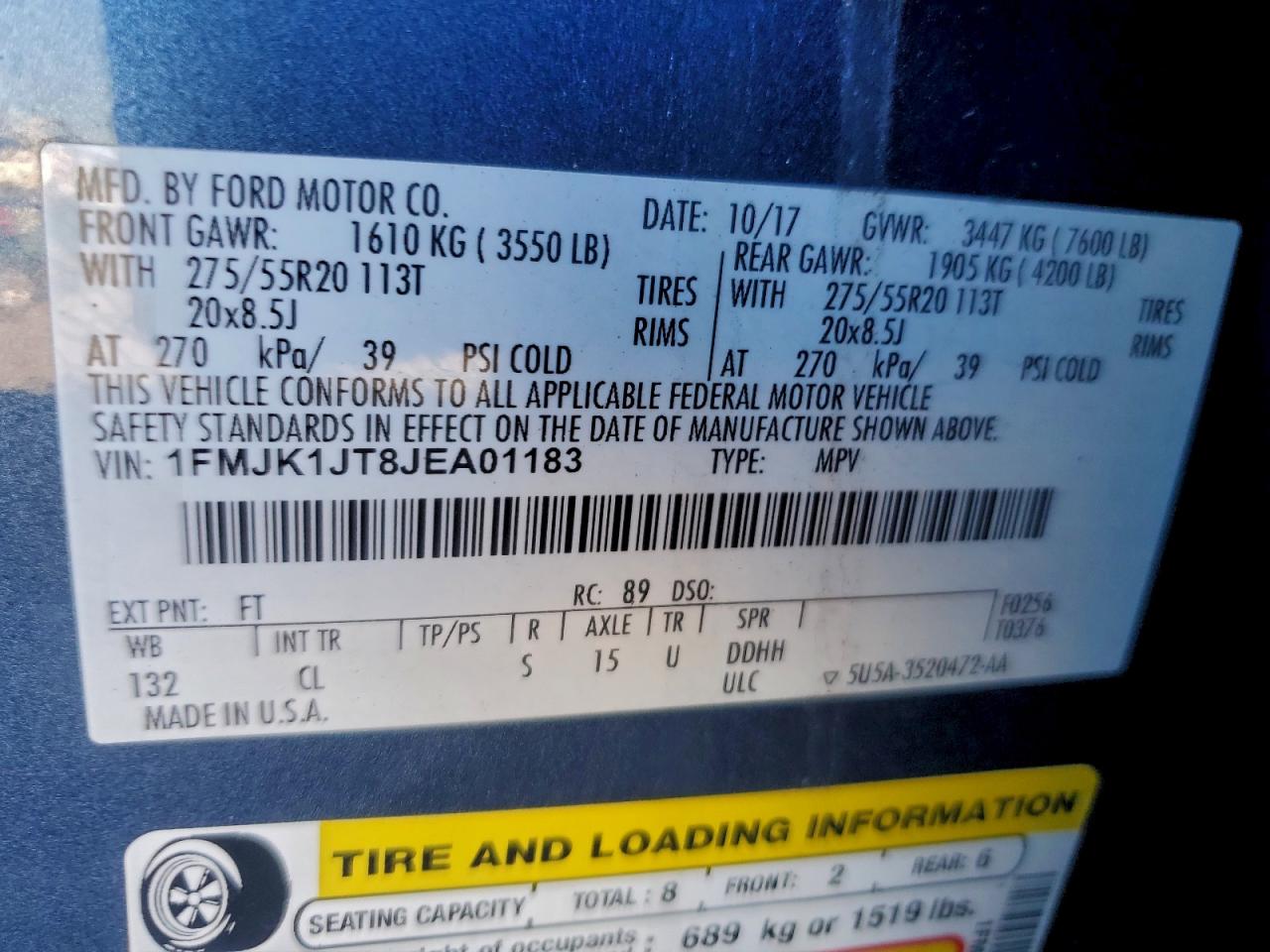 2018 Ford Expedition Max Xlt VIN: 1FMJK1JT8JEA01183 Lot: 93647935