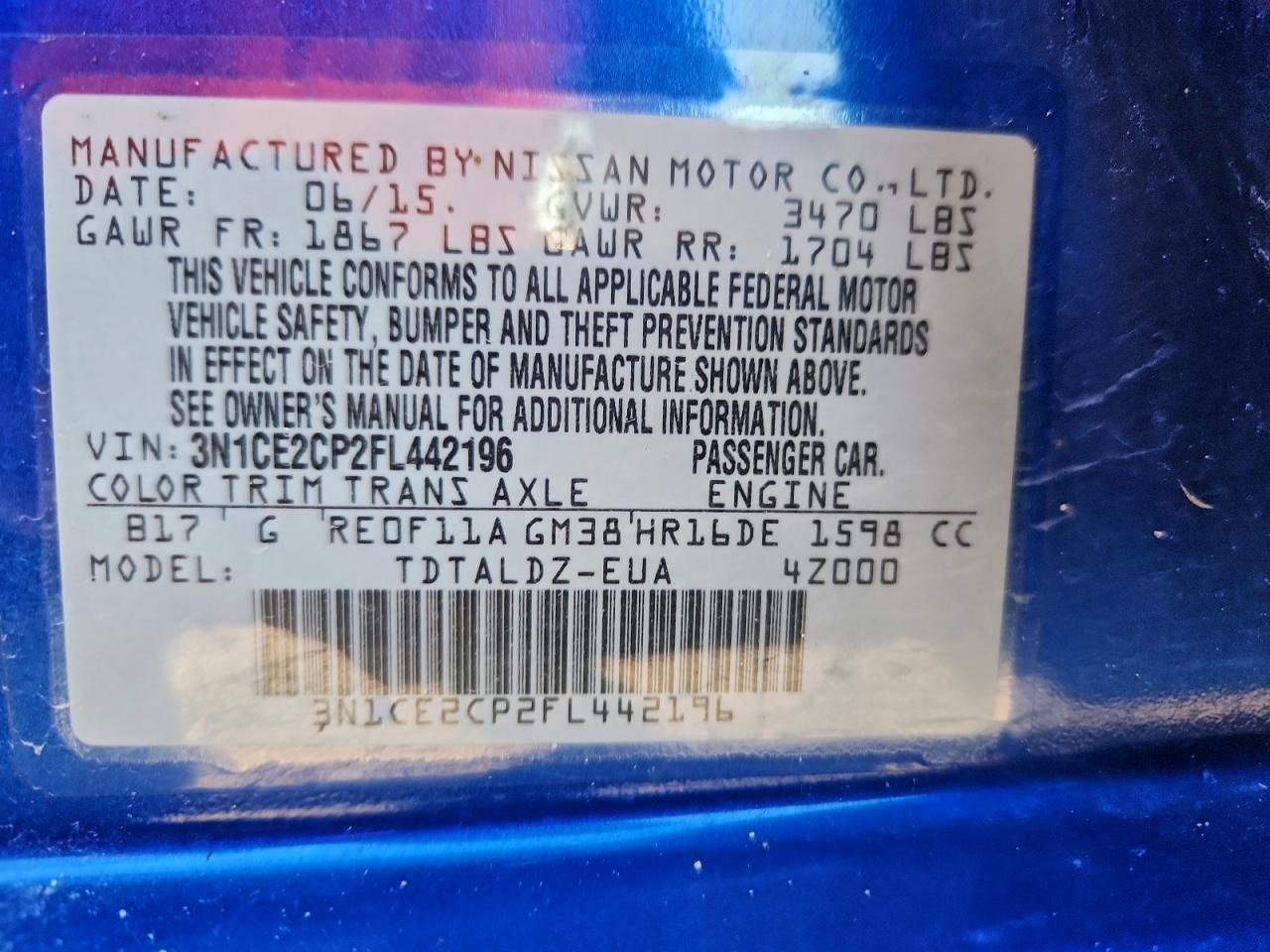 2015 Nissan Versa Note S VIN: 3N1CE2CP2FL442196 Lot: 94047565