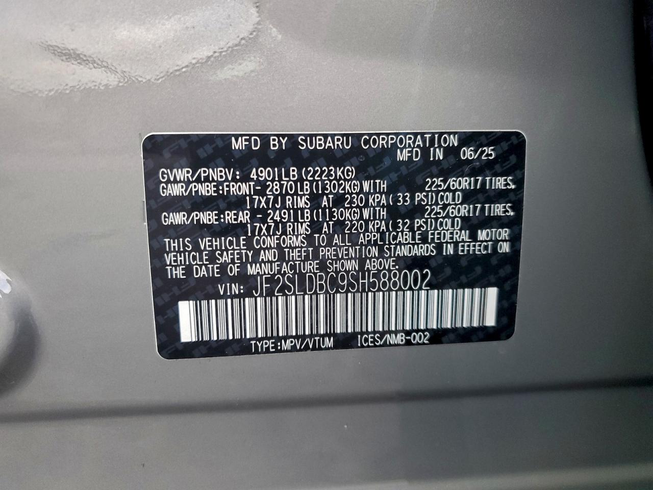 2025 Subaru Forester Premium VIN: JF2SLDBC9SH588002 Lot: 94343535