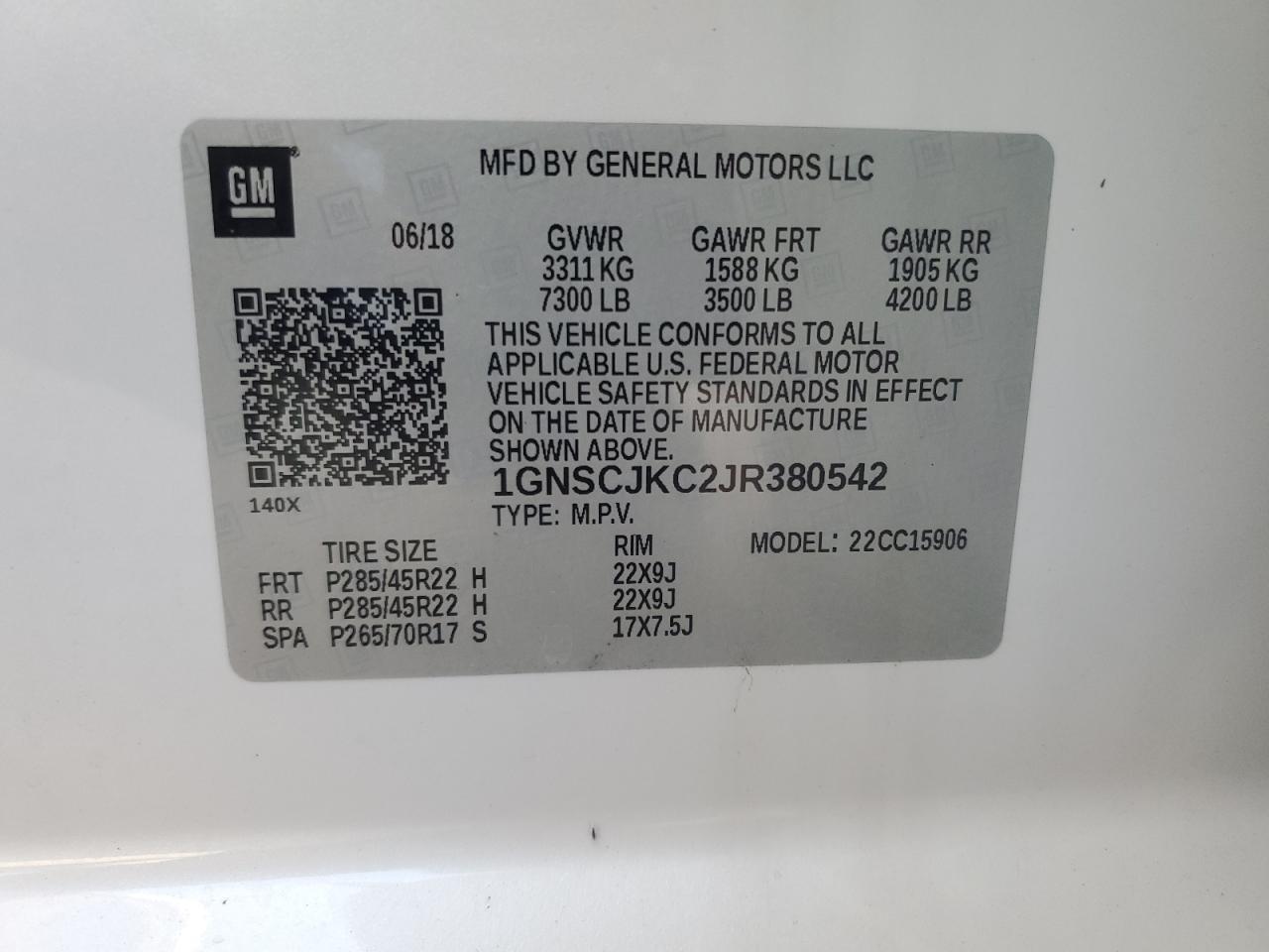 2018 Chevrolet Suburban C1500 Premier VIN: 1GNSCJKC2JR380542 Lot: 93391865