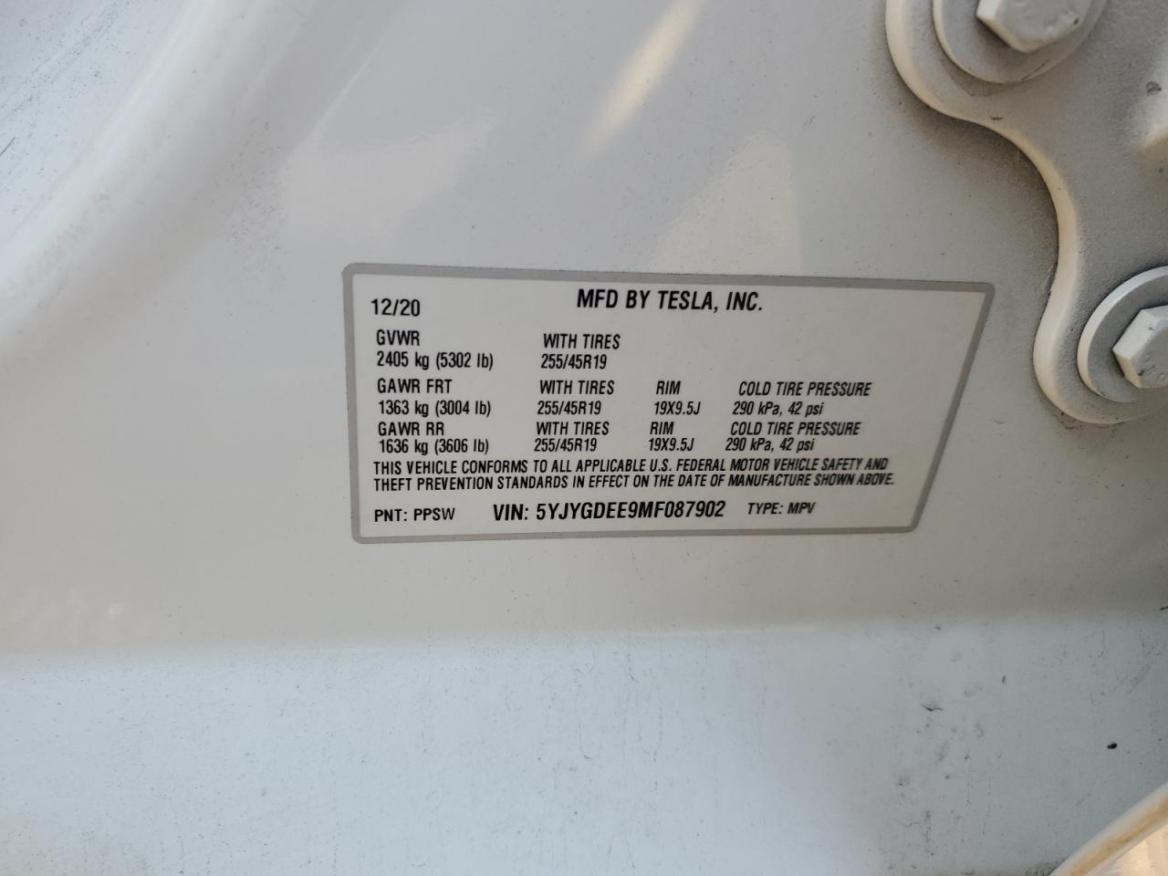 2020 Tesla Model Y VIN: 5YJYGDEE9MF087902 Lot: 91707445