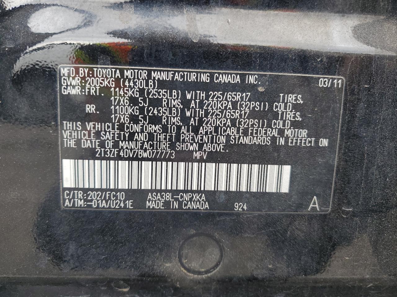 2011 Toyota Rav4 VIN: 2T3ZF4DV7BW077773 Lot: 92670855