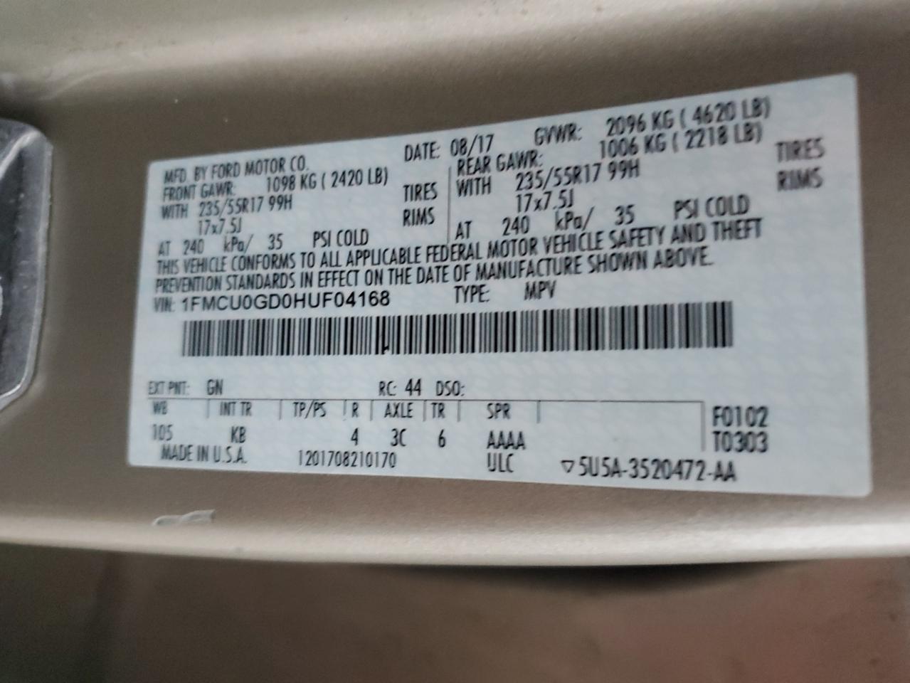 2017 Ford Escape Se VIN: 1FMCU0GD0HUF04168 Lot: 93224835