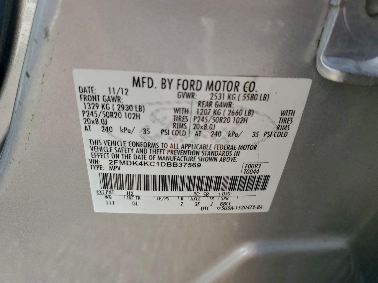 2013 Ford Edge Limited VIN: 2FMDK4KC1DBB37569 Lot: 94338425