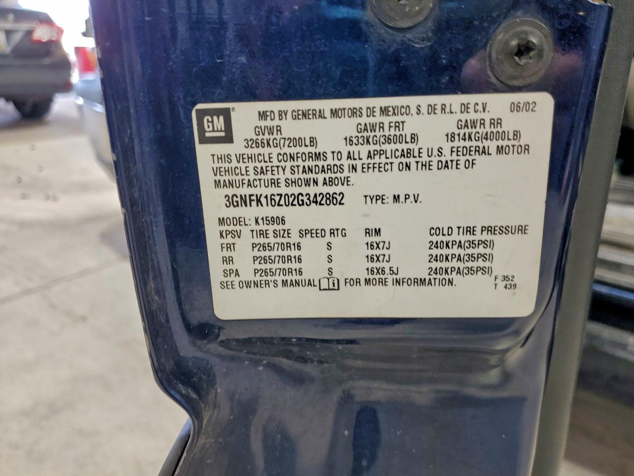 2002 Chevrolet Suburban K1500 VIN: 3GNFK16Z02G342862 Lot: 93739995