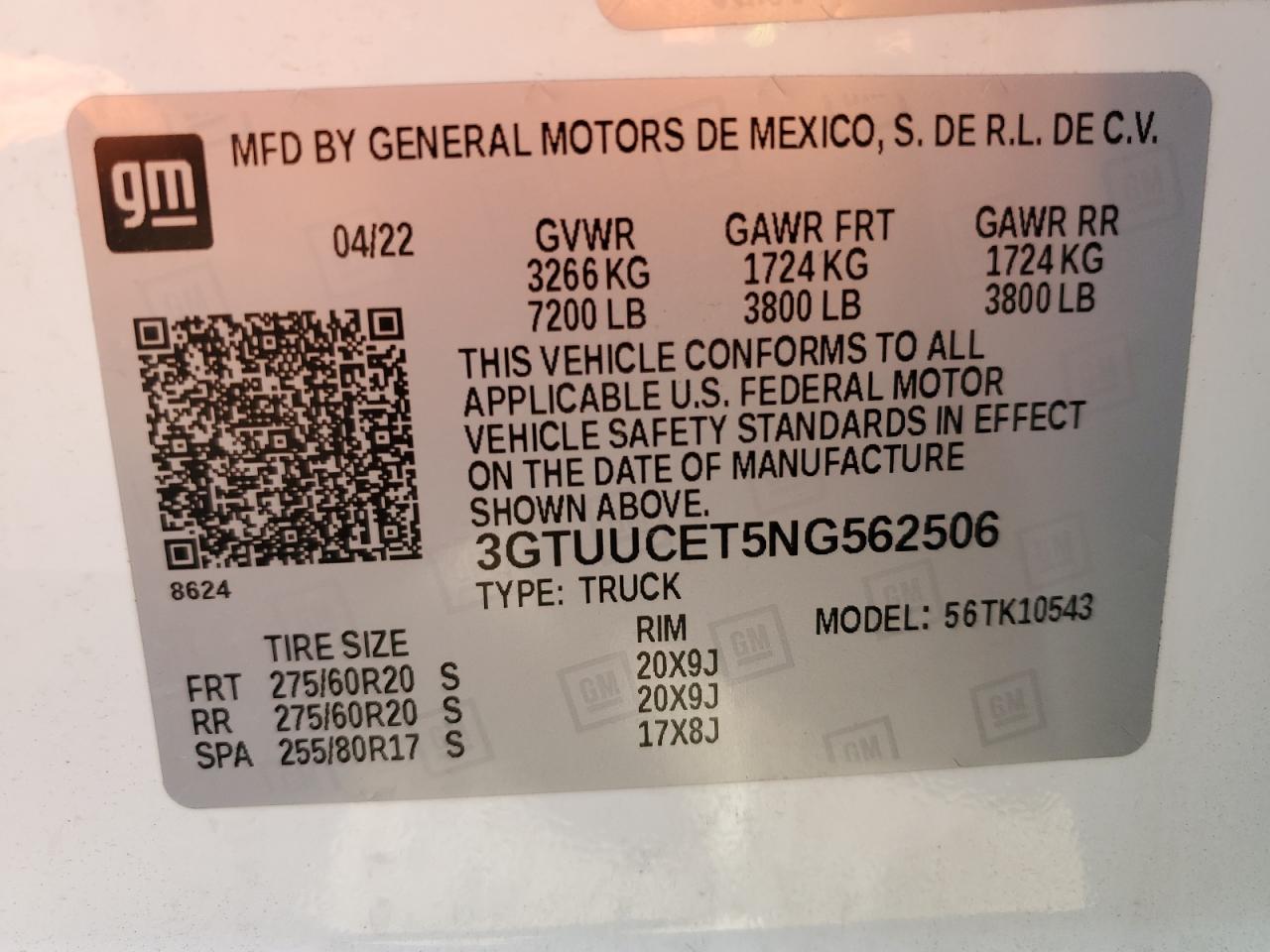 2022 GMC Sierra K1500 Elevation VIN: 3GTUUCET5NG562506 Lot: 92652535