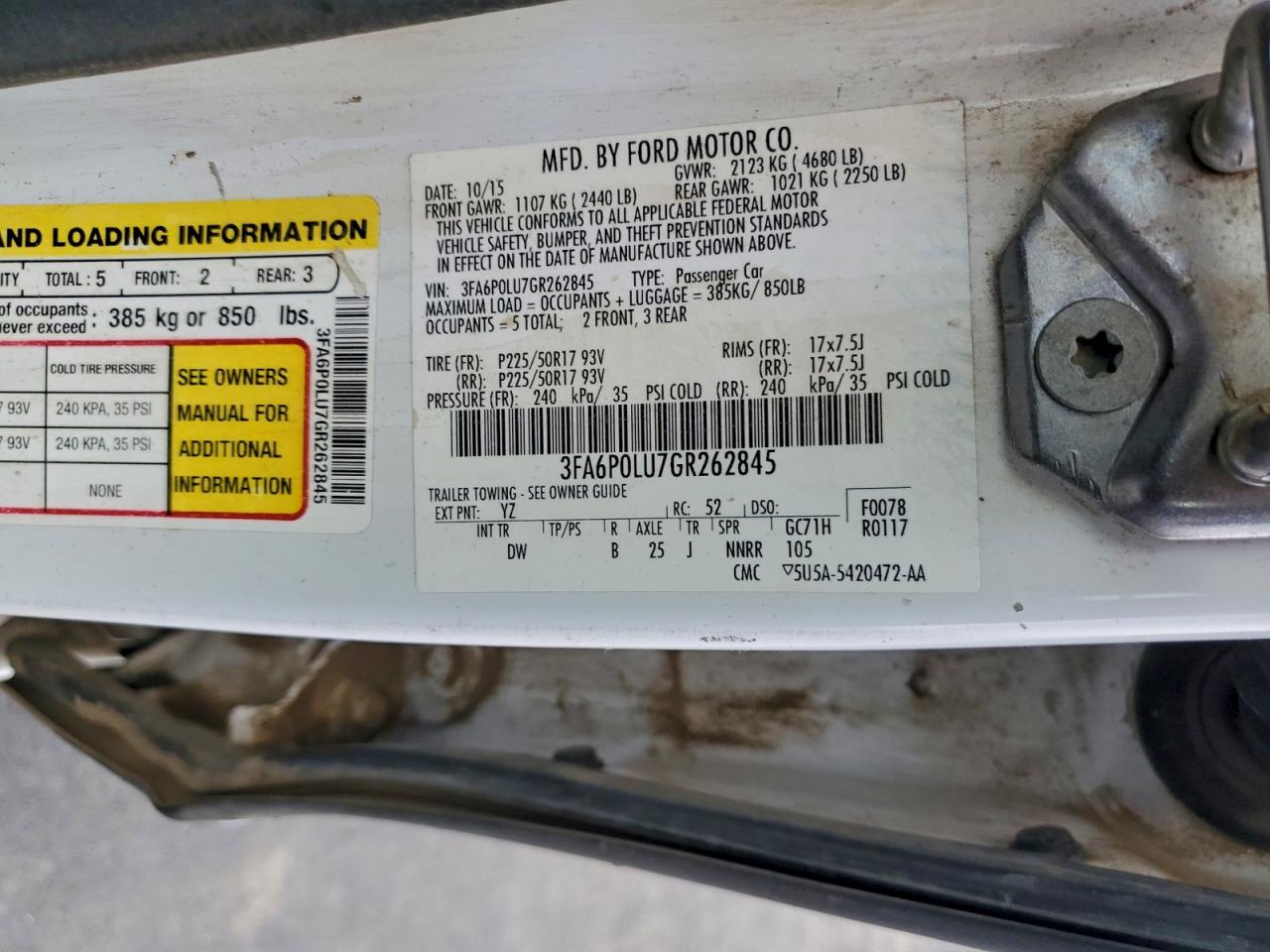 2016 Ford Fusion Se Hybrid VIN: 3FA6P0LU7GR262845 Lot: 93906325