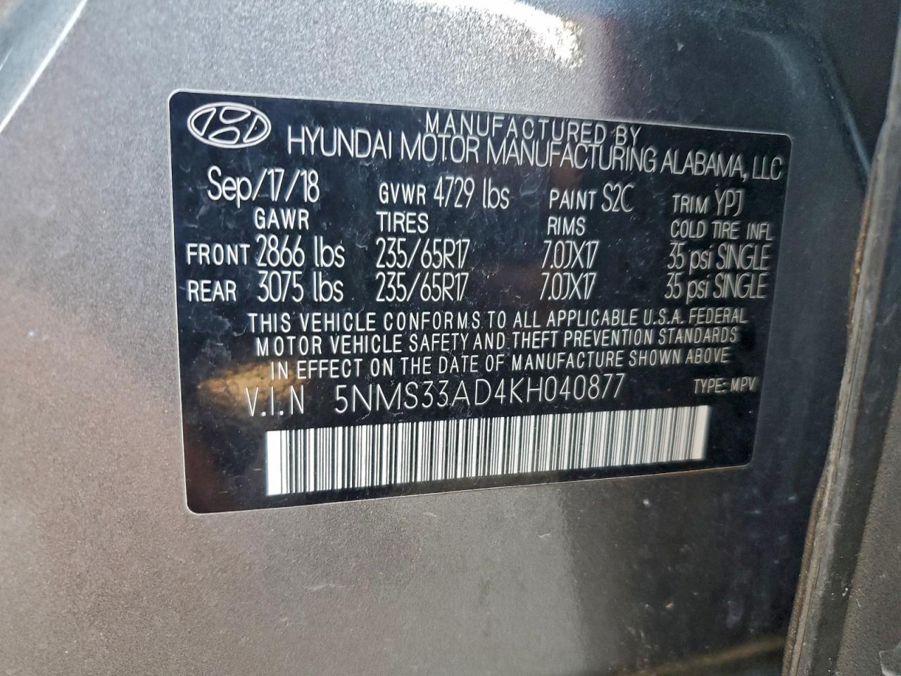 2019 Hyundai Santa Fe Sel VIN: 5NMS33AD4KH040877 Lot: 94448165