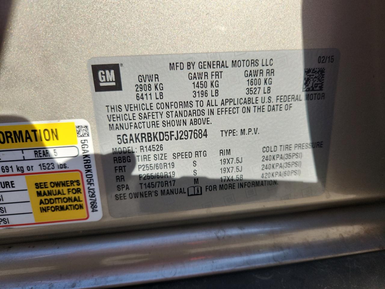 2015 Buick Enclave VIN: 5GAKRBKD5FJ297684 Lot: 92868955