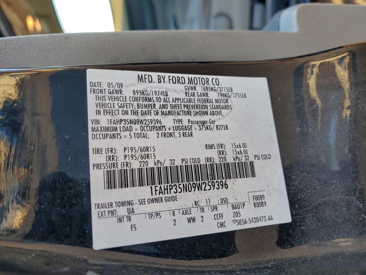 2009 Ford Focus Se VIN: 1FAHP35N09W259396 Lot: 94302245