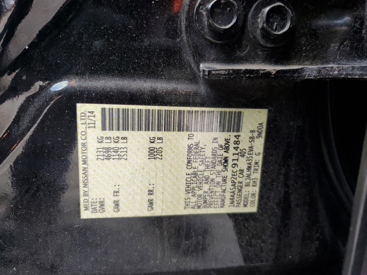 2014 Nissan Maxima S VIN: 1N4AA5AP2EC911484 Lot: 92444805