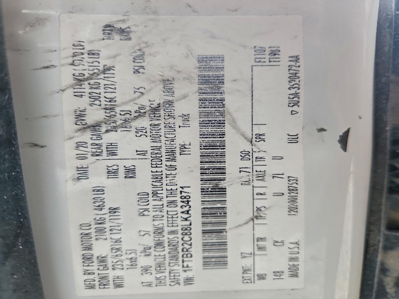 2020 Ford Transit T-250 VIN: 1FTBR2C88LKA34871 Lot: 94254315