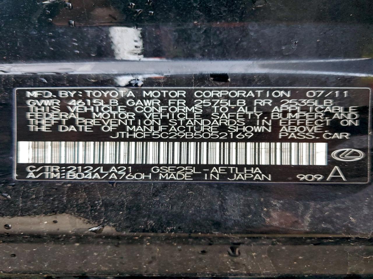 2011 Lexus Is 250 VIN: JTHCF5C29B5052169 Lot: 93761425