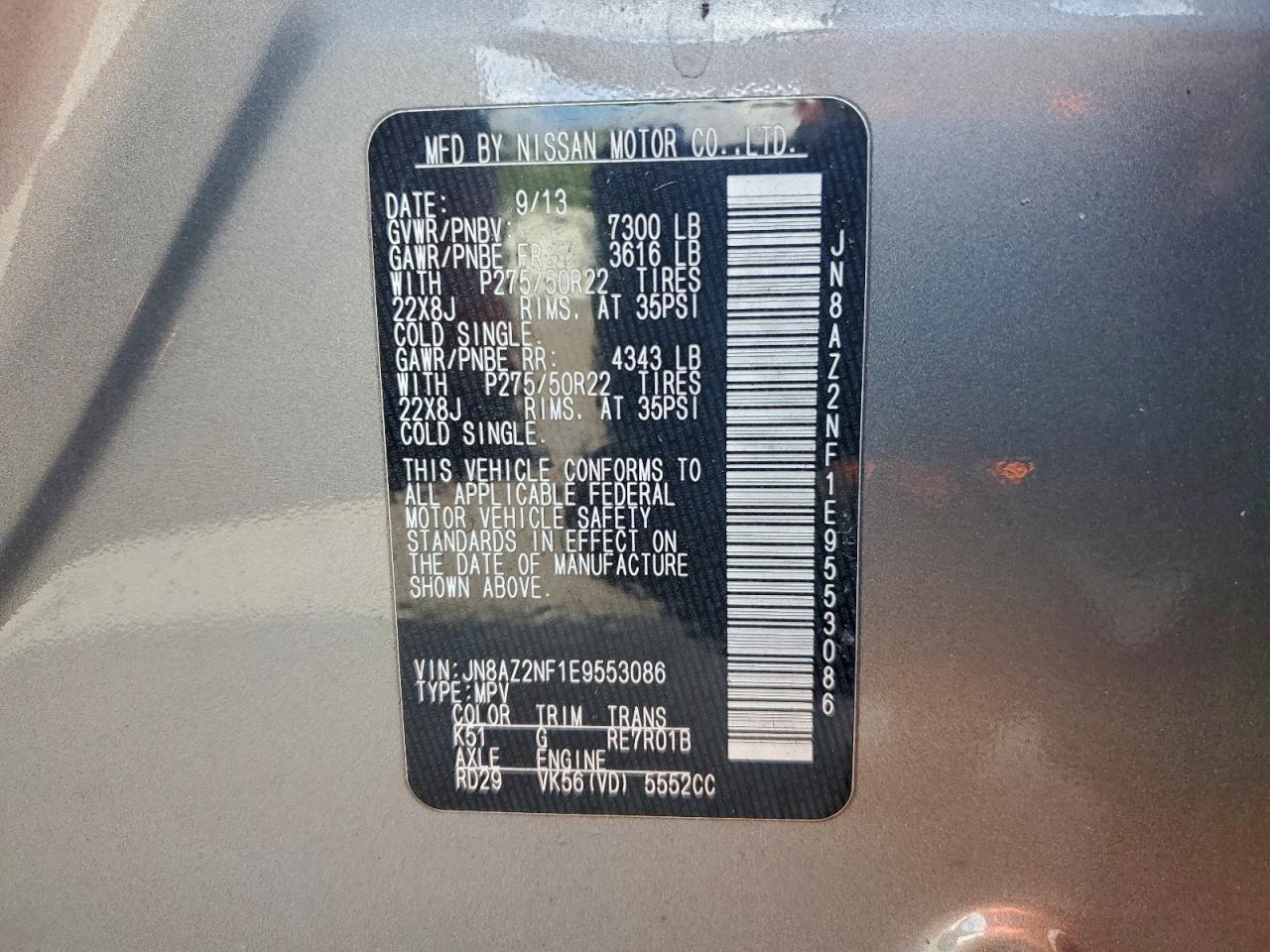 2014 Infiniti Qx80 VIN: JN8AZ2NF1E9553086 Lot: 94464185