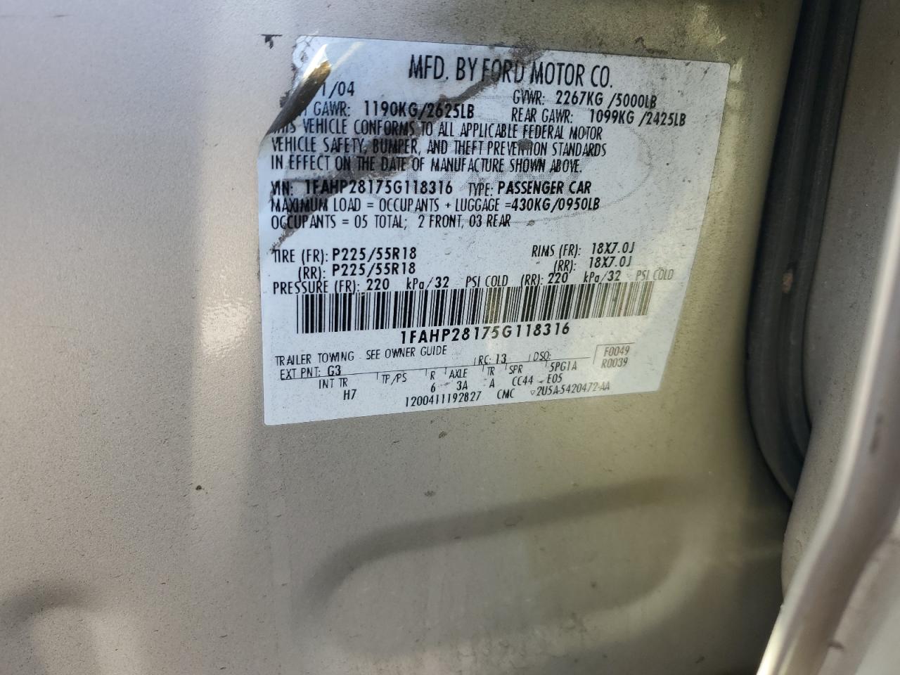 2005 Ford Five Hundred Limited VIN: 1FAHP28175G118316 Lot: 91222985