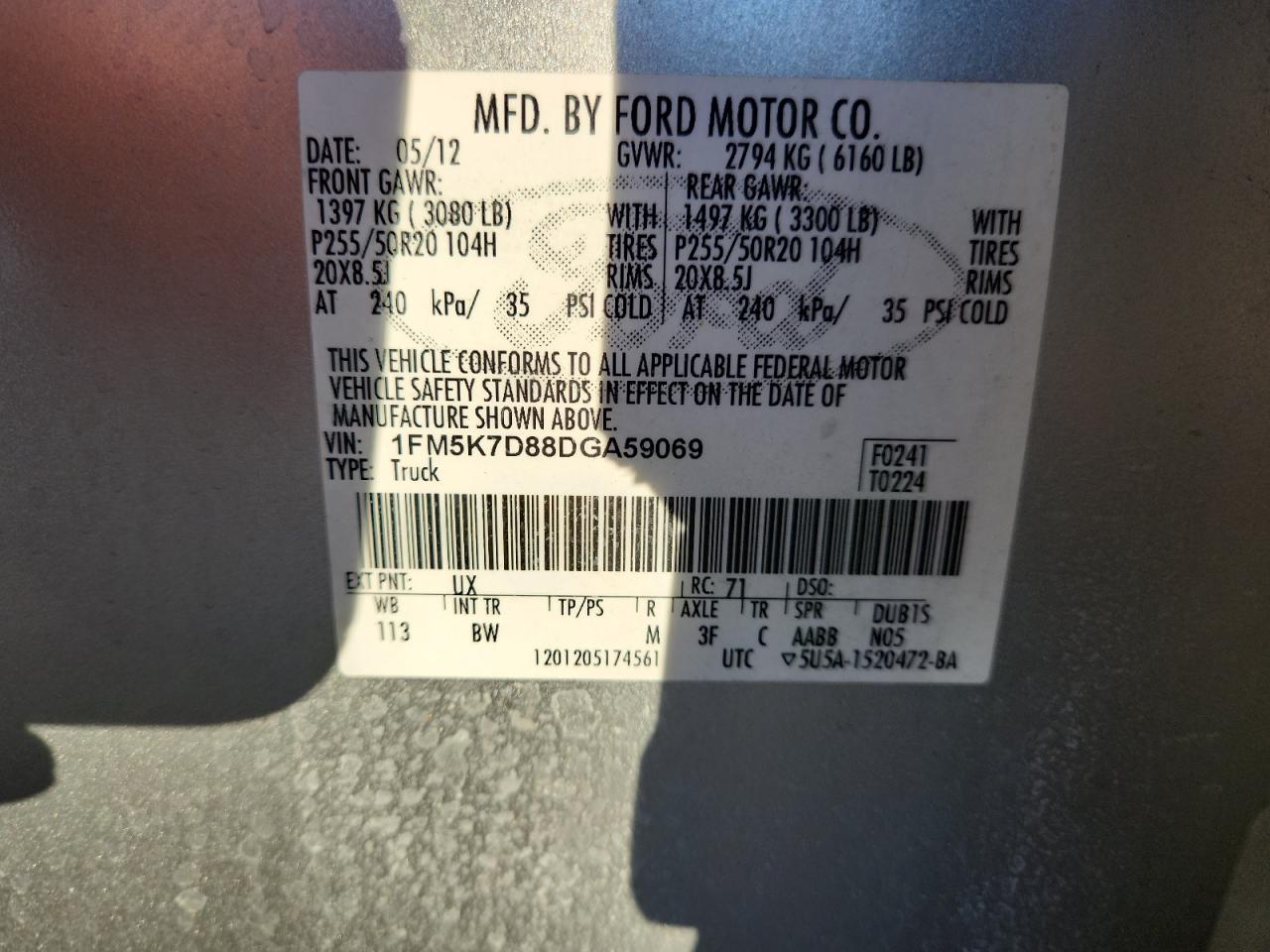 2013 Ford Explorer Xlt VIN: 1FM5K7D88DGA59069 Lot: 91125235