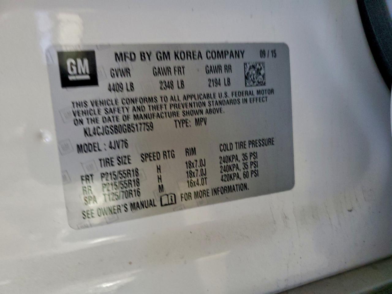 2016 Buick Encore VIN: KL4CJGSB0GB517759 Lot: 94714445