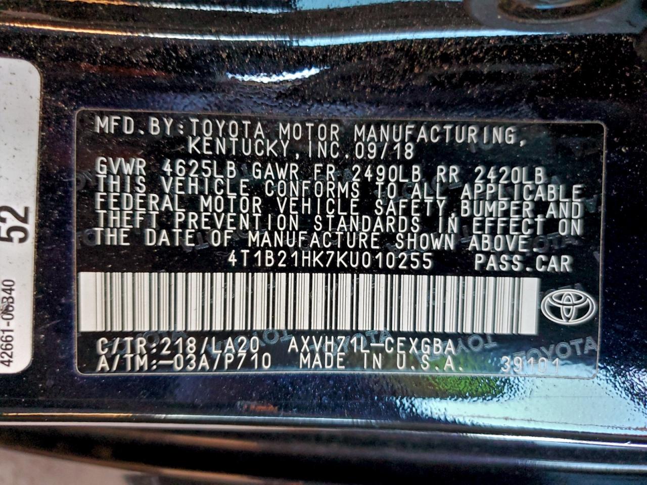 2019 Toyota Camry Hybrid VIN: 4T1B21HK7KU010255 Lot: 94305225