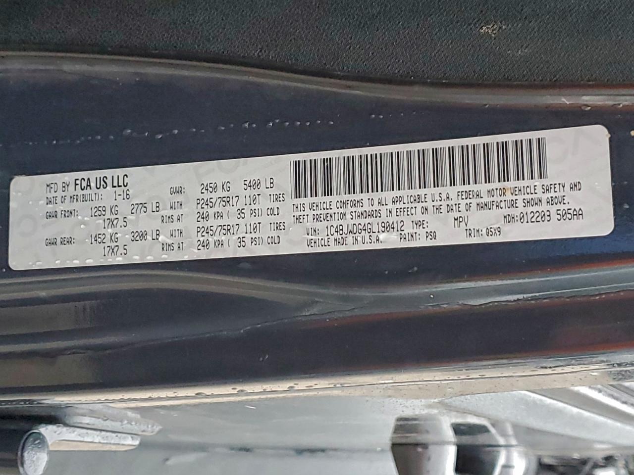 2016 Jeep Wrangler Unlimited Sport VIN: 1C4BJWDG4GL190412 Lot: 92892205