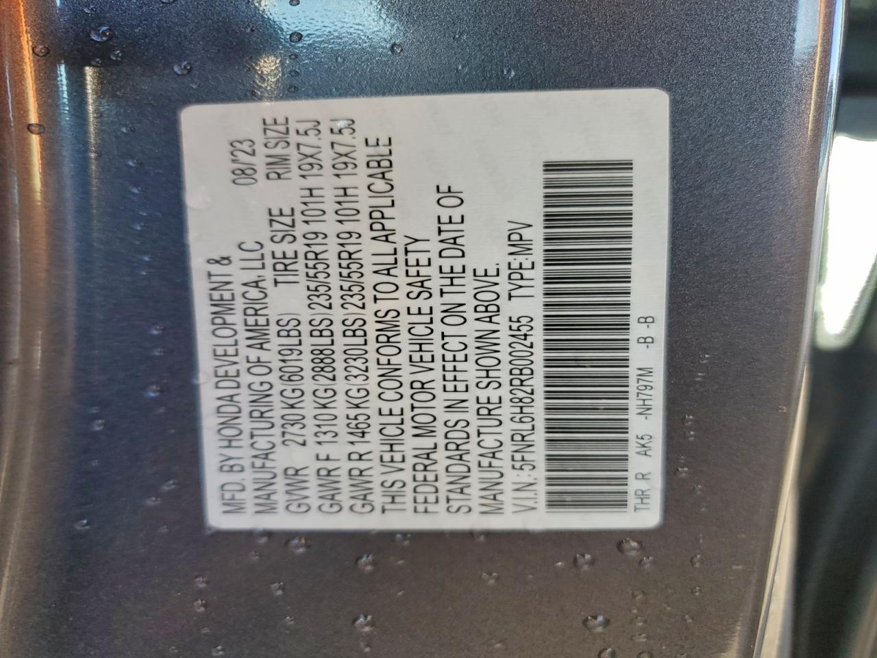 2024 Honda Odyssey Touring VIN: 5FNRL6H82RB002455 Lot: 93925205