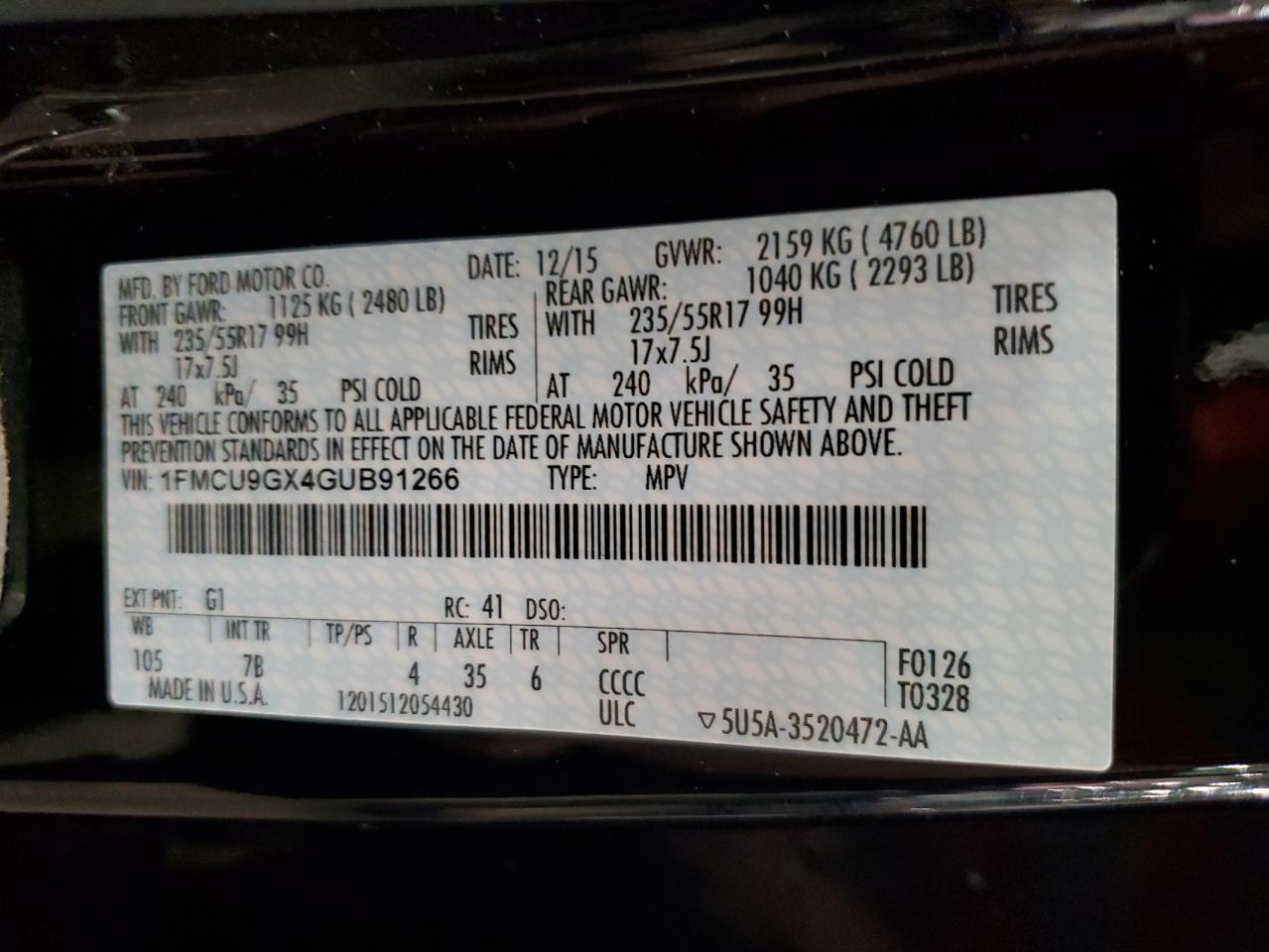 2016 Ford Escape Se VIN: 1FMCU9GX4GUB91266 Lot: 92903095