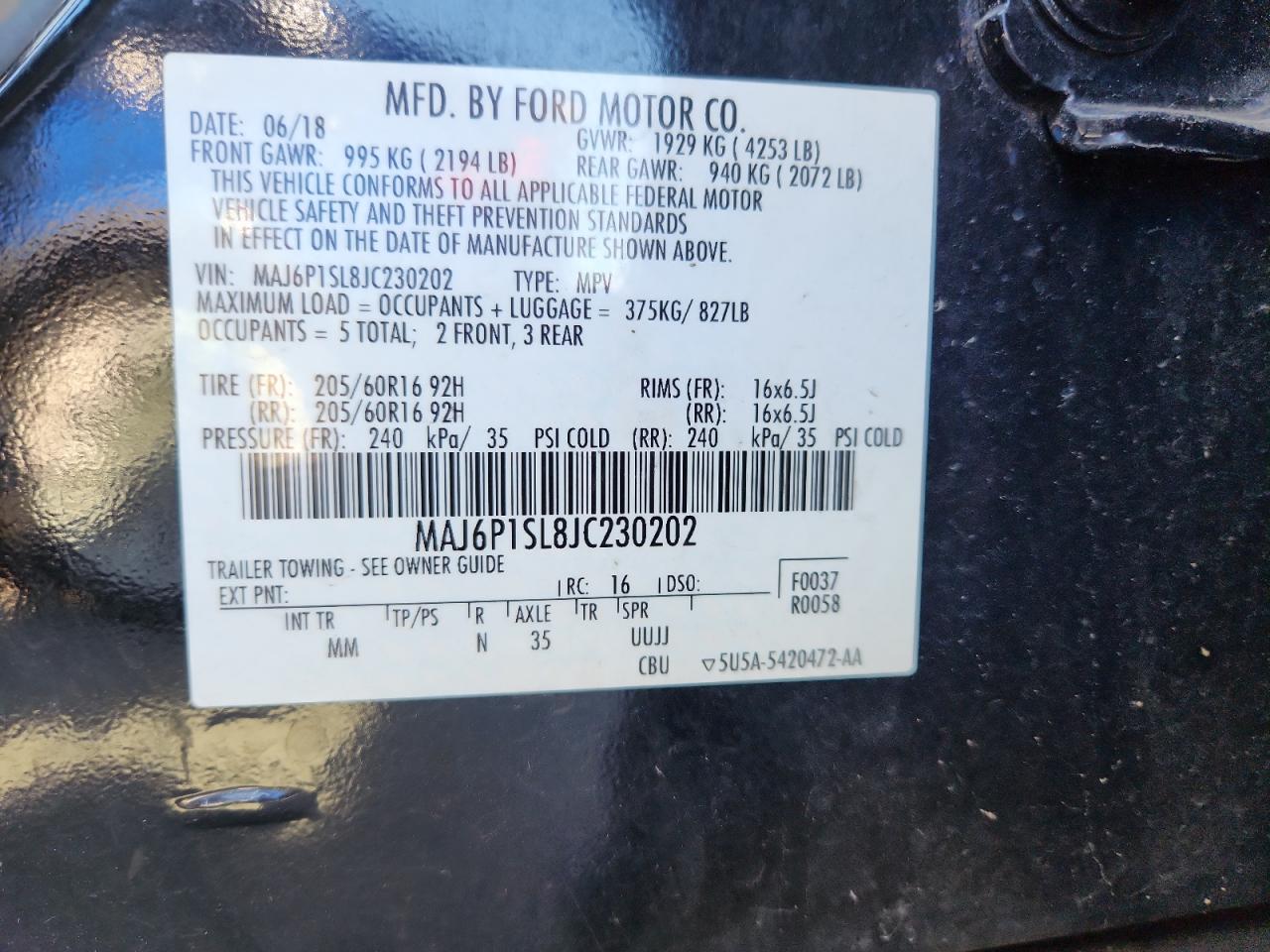 2018 Ford Ecosport S VIN: MAJ6P1SL8JC230202 Lot: 91676755