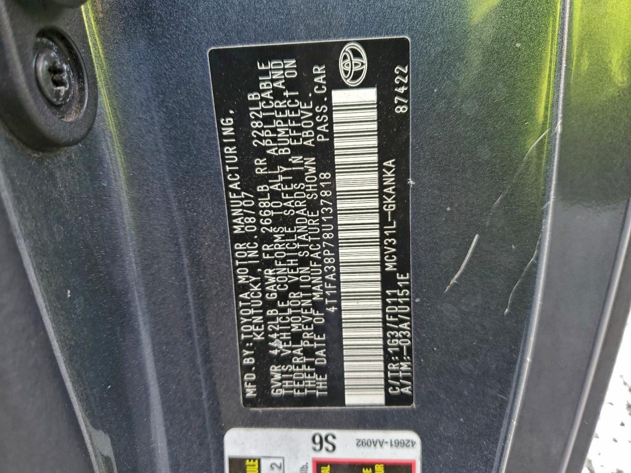 2008 Toyota Camry Solara Se VIN: 4T1FA38P78U137818 Lot: 94089205