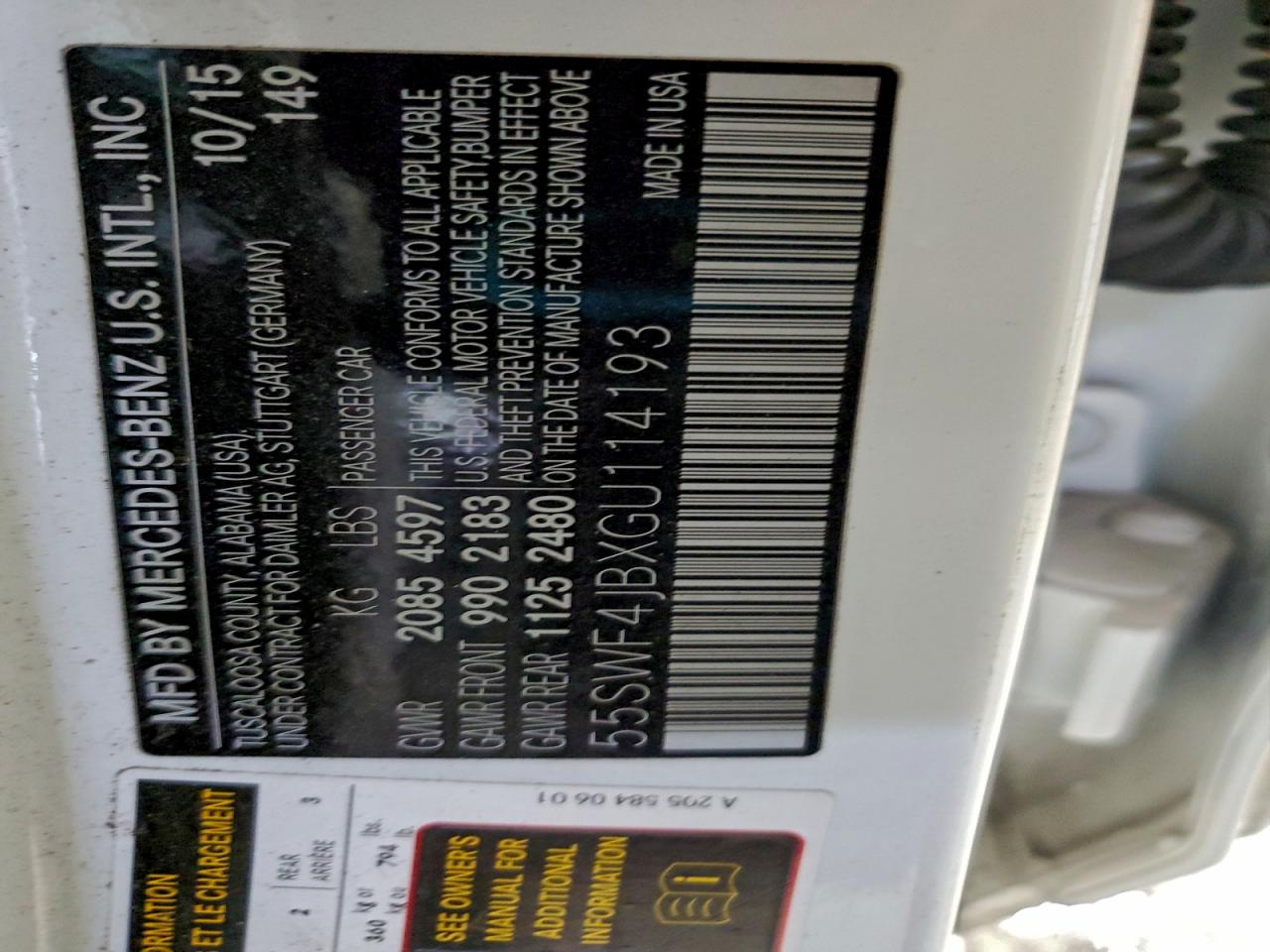 2016 Mercedes-Benz C 300 VIN: 55SWF4JBXGU114193 Lot: 93323795