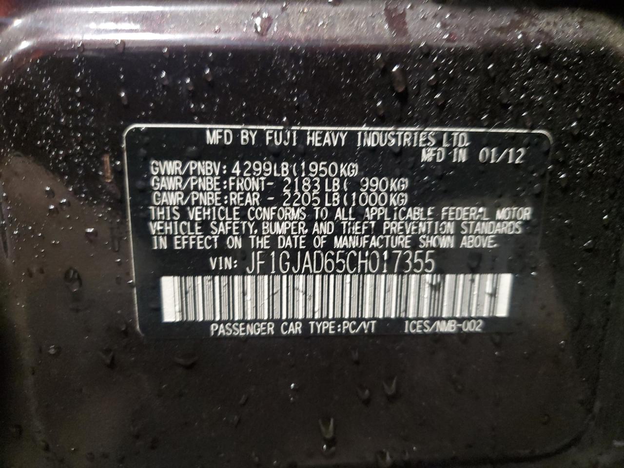 2012 Subaru Impreza Premium VIN: JF1GJAD65CH017355 Lot: 90935545