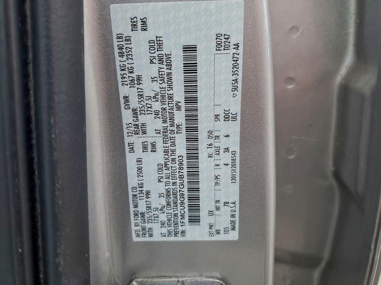 2016 Ford Escape Se VIN: 1FMCU9G97GUB78903 Lot: 93914785