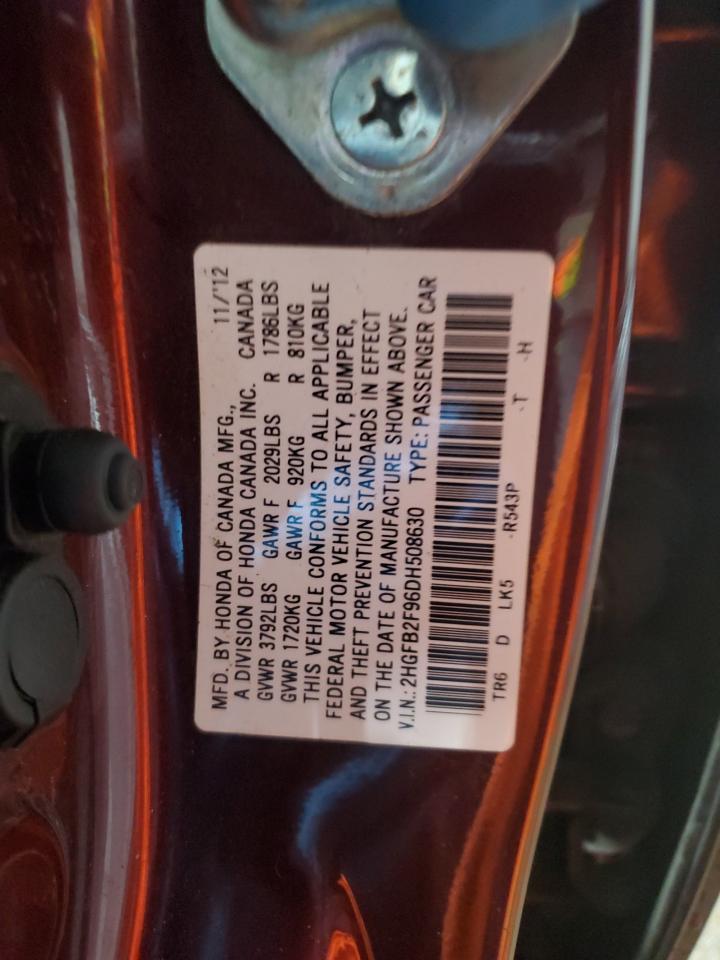 2013 Honda Civic Exl VIN: 2HGFB2F96DH508630 Lot: 92387305