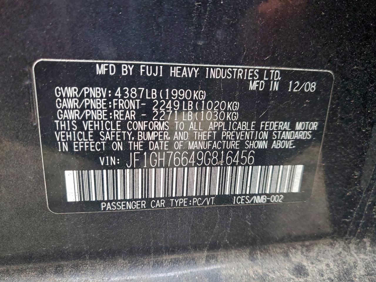 2009 Subaru Impreza Wrx VIN: JF1GH76649G816456 Lot: 93082015